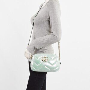 Gucci Green Iridescent Quilted Padded Leather GG Marmont Small Shoulder Bag